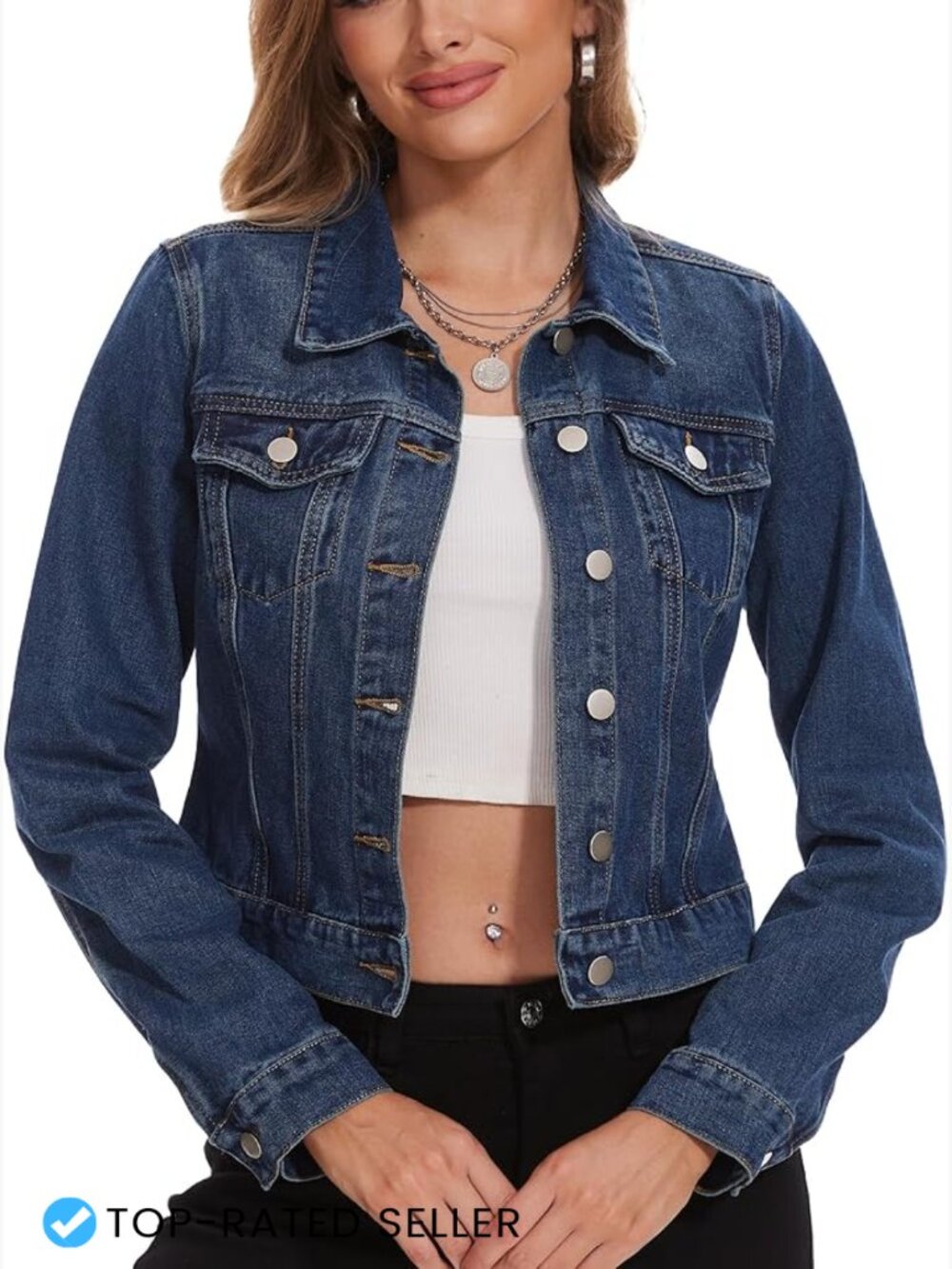 Cropped Denim Jacket Women Classic Button Down Long Sleeve Lightweight Cotton